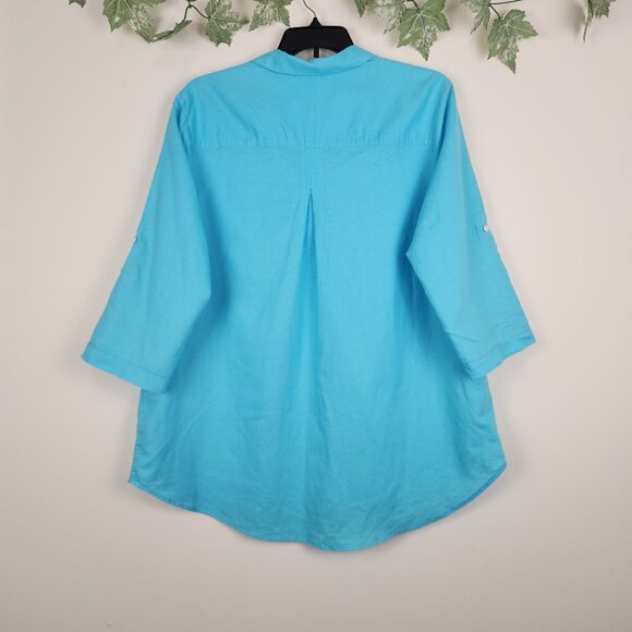Saint Tropez West Size 1X Blue Linen Blend 3/4 Roll Tab Sleeve Top Blouse - Picture 4 of 7